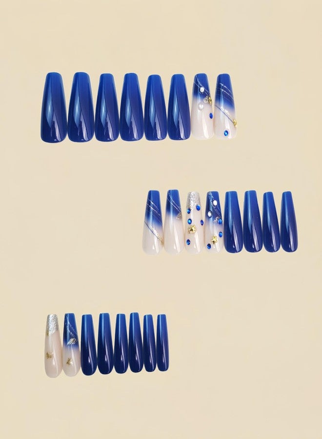 OCOUYVD Press on Nails Long Coffin Navy Blue with Glitter Rhinestones | 24PCS Reusable Glossy Fake Nails |trendy French Tip Ombre Design | False Nails Party Wedding Manicure Kit for Women Girls - Image 3